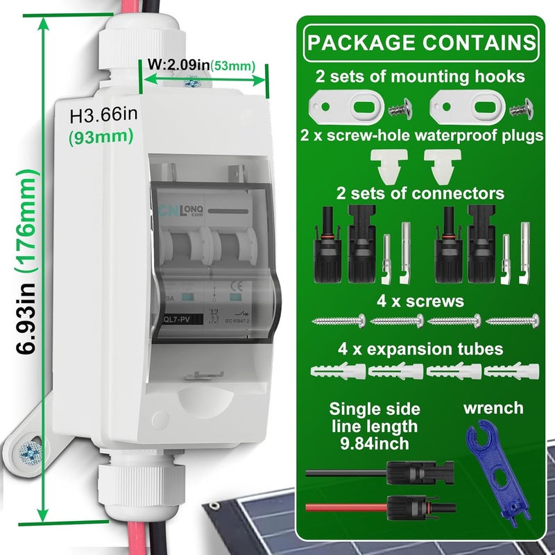 CNLonQcom مفتاح فصل الطاقة الشمسية 20A DC1000V قاطع الدائرة 2P مع موصل PV وصندوق قاطع صغير IP65 وخطافات حائط لنظام الطاقة الشمسية الخارجي، البطارية، MCB مجموعة الطاقة الشمسية - Image 5